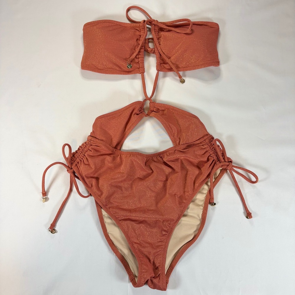 Victorias Secret Metallic Copper Cutout Monokini Swimsuit S Lace Up Beach Glam